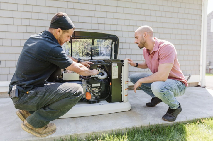 Technician servicing a home standby generator while explaining the process to a homeowner outside a residential building.