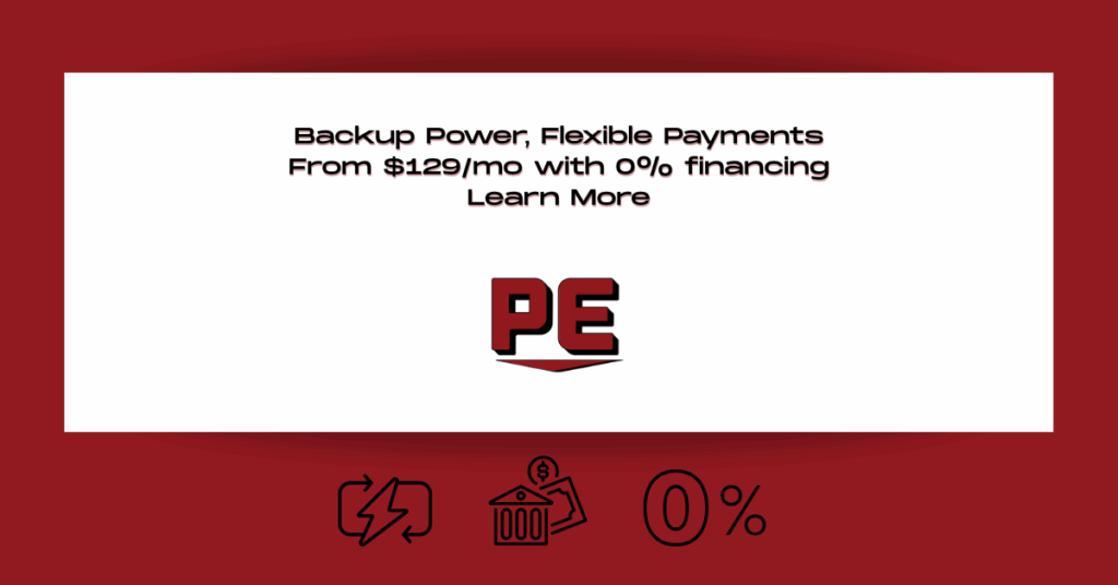 Promotional banner for PE Home Generators offering backup power with flexible payments starting at $129 per month and 0% financing, featuring the PE logo and financing icons on a red and white background.