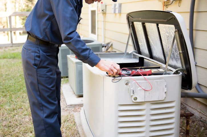 A PE Home Generators technician working on a standby generator outside a Connecticut home.