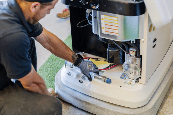 A PE Home Generators technician working on a home generator at a coastal CT home.